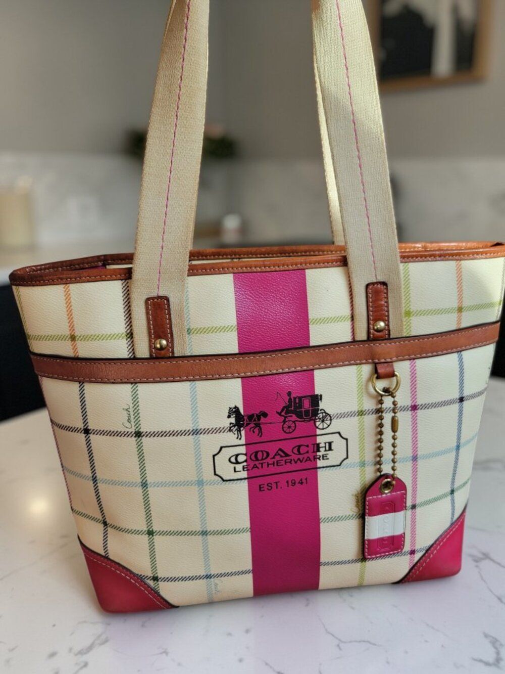 Coach Hampton Plaid Tote Pink Multicolor Tattersall